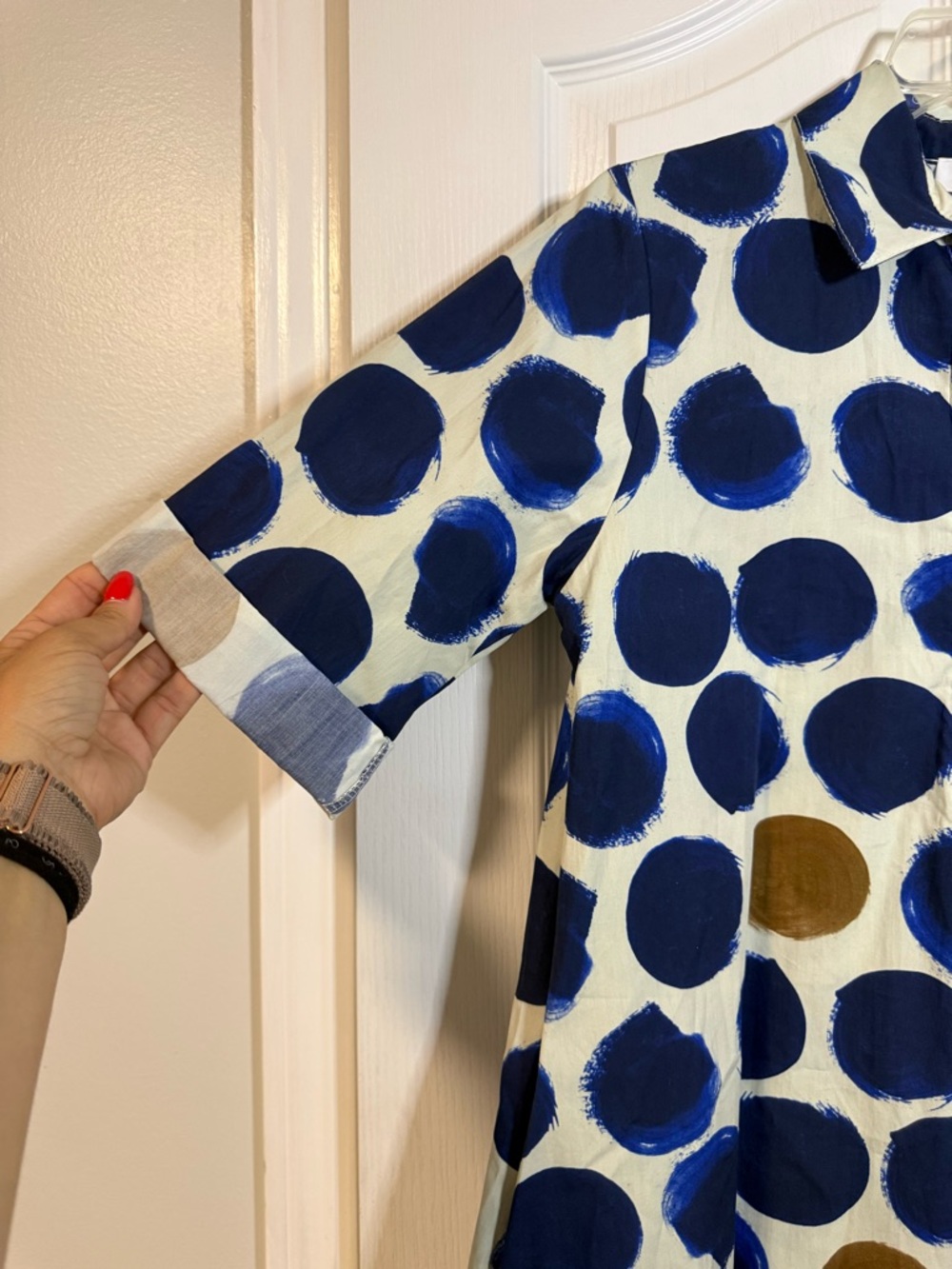Noeline Polka Dot Midi Shirt Dress in Navy & Tan 100% Cotton Small - Picture 7 of 9